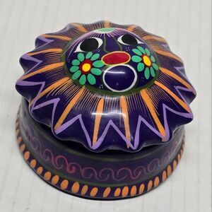 Mexican Talavera Sun Face Trinket Box Pottery Folk Art Purple and Orange
